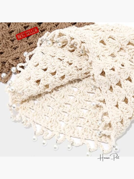 Crochet Beanie Hat Pearl Trim Boho Lightweight Knit Skull Cap main image 7